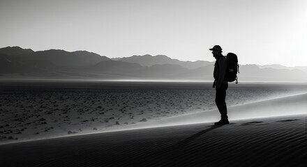 Explorer Standing Alone in a Vast Desert Landscape Under a Dramatic Black and White Sky