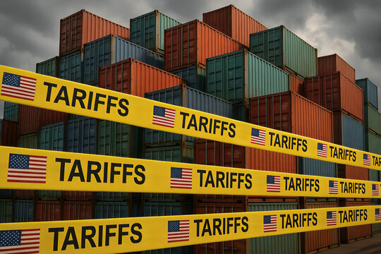 Impact of Tariffs: Close-Up of 'Tariffs' Repeated Text on a Surface with 'Locatan' and '14745' Visible - Representing Trade Wars, Import/Export Duties, Global Commerce, and Economi