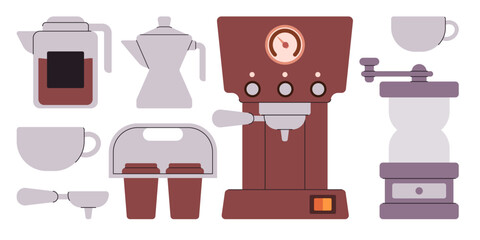 Coffee brewing equipment cafe tools symbol cartoon flat illustration grinding machine espresso maker