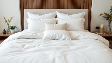 Cozy modern bedroom with white bedding and decorative pillows, inviting atmosphere for relaxation and comfort