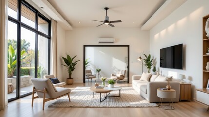 Fototapeta premium Modern and Cozy Living Room Design with Natural Light and Stylish Furniture in a Warm Color Palette