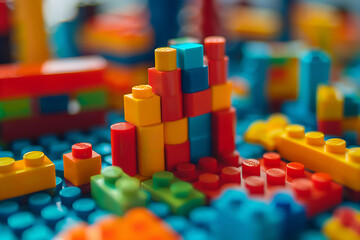 Colorful Building Blocks in Various Shapes Create Vibrant Fun Landscape of Child's Imaginative Construction Project

