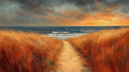 Coastal path at sunset through golden grass