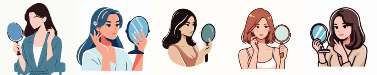 Vector of young woman looking in the mirror to correct her make up