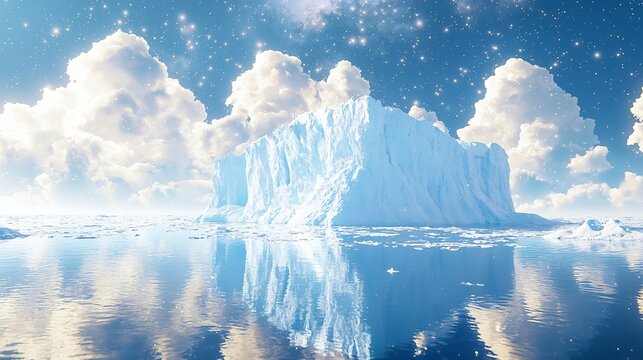 Majestic glacier floating an endless ocean surrounded by soft pastel clouds and twinkling stars cinematic frozen world