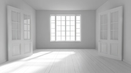 Fototapeta premium Empty, bright room with white doors and window.