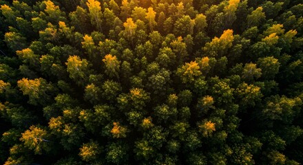 Aerial View of Vibrant Green and Yellow Trees in a Tranquil Forest During Autumn Season