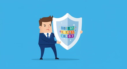 Businessperson holding a digital shield with binary code.