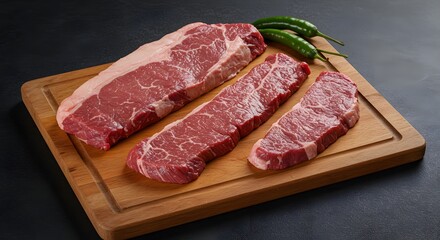 Fototapeta premium Raw Steak Cut on Wood Board with Pepper