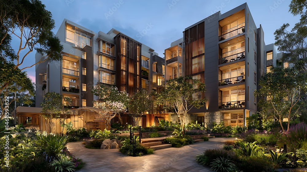 Poster modern apartment complex with glowing lights and lush gardens during twilight hours in a serene urba