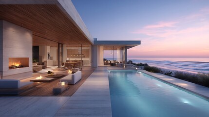 Fototapeta premium Modern architectural design featuring spacious indoor, outdoor living by the coast during sunrise