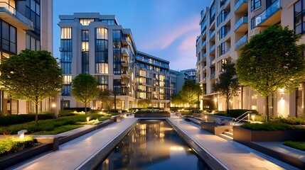 Fototapeta premium Modern apartment complex with glowing lights and lush gardens during twilight hours in a serene urban setting