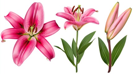 Fototapeta premium Isolated on white bright pink lily cluster blooming at different stages sharp focus stock style