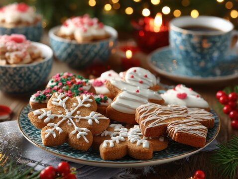 christmas cookies with icing decoration on festive background