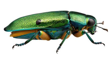 Fototapeta premium Jewel Beetle: A captivating jewel beetle, its iridescent exoskeleton shimmering with emerald and gold hues, is captured in stunning detail, showcasing the intricate beauty of nature's designs.