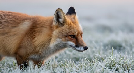 Obraz premium Red Fox Exploring Frosty Grassland at Dawn in a Remote Natural Habitat