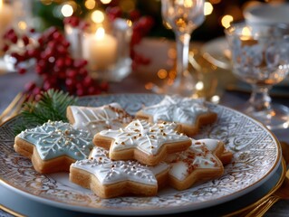 christmas cookies with icing decoration on festive background