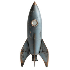 Vintage retro style rocket ship toy isolated on black background with details