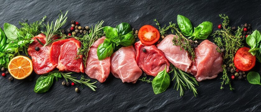 Fresh raw meat and herbs arranged on a dark surface.