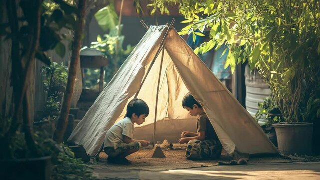 Backyard camping adventure: two boys playing in a tent under the trees in the garden fun time