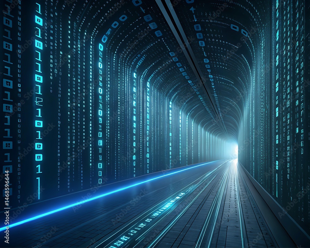 Fototapete Digital Data Tunnel Abstract Visualization of Binary Code Flowing Through a Futuristic Corridor