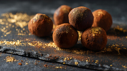 Luxurious Vegan Chocolate Truffles Dusted in Cocoa on Slate Display (AI Image)