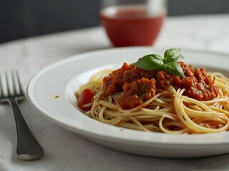 spaghetti with tomato sauce and basil