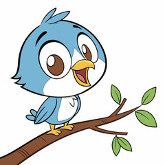 Cute Cartoon Blue Bird on Branch Colorful Vector Illustration
