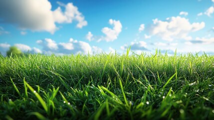 Fototapeta premium Lush Green Grass Meadow with Dew Drops Under a Sunny Sky Nature Background