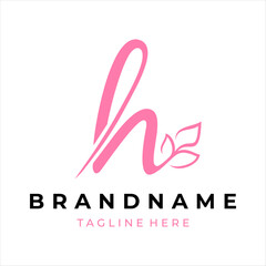 The logo design combines the letter h and a leaf, using the color pink.