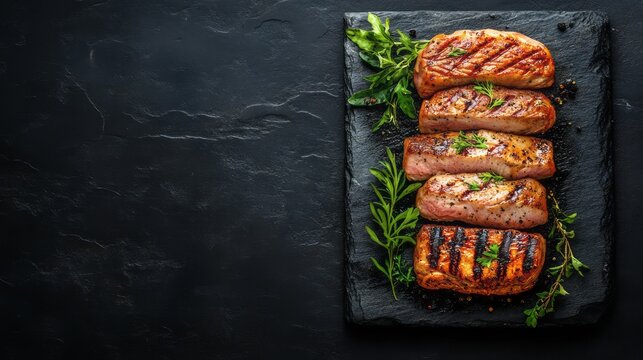 Grilled pork chops arranged on a dark slate board.