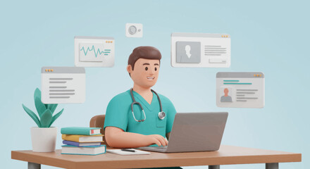 Fototapeta premium Smiling 3D Rendered Male Professional Using A Computer At Desk With Medical