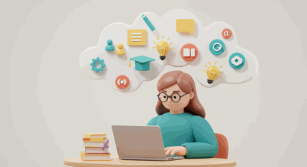 Young Person Using Laptop Studying Online 3D Illustration Pastel Colors