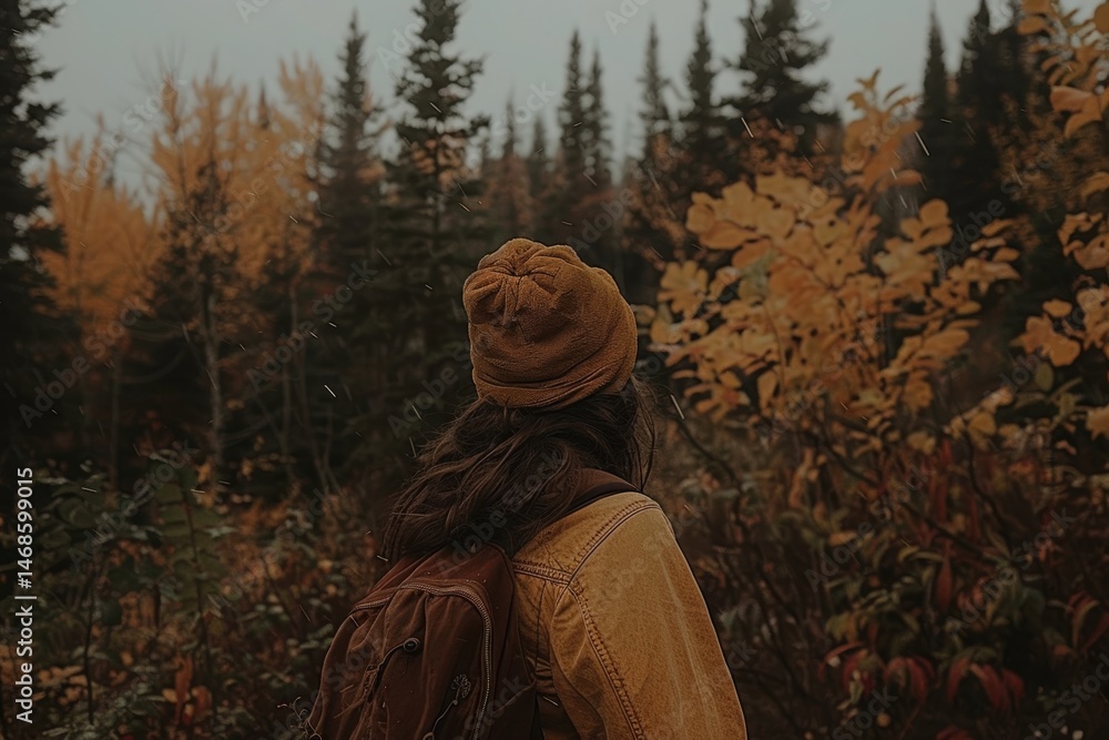 Poster a person in autumn attire explores a forest with colorful fall foliage and evergreen trees in the ba