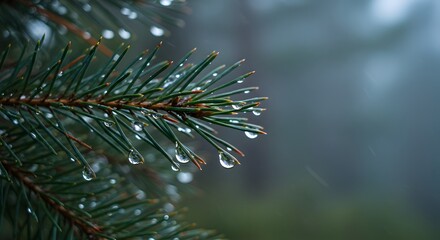 Closeup View of Pine Tree Branch with Raindrops in Misty Forest Atmosphere