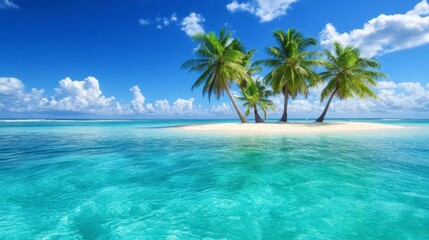 Obraz premium Secluded Tropical Island Paradise Three Palm Trees on White Sand Beach, Turquoise Ocean, Blue Sky