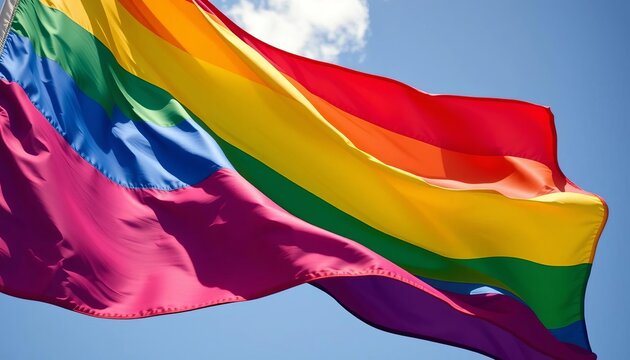 A vibrant rainbow LGBTQ+ pride flag billows in the wind, showcasing realistic fabric texture,  queer pride, community