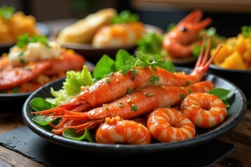 A lavish seafood buffet spread with various dishes , fish tacos, abundant