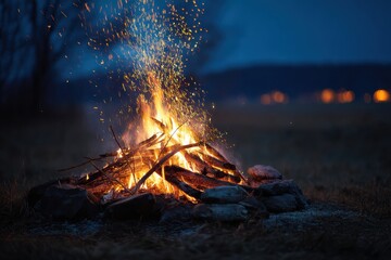 Naklejka premium Warm Evening Bonfire Creating Sparks and a Cozy Glow Under the Night Sky in a Serene Outdoor Setting Generative AI