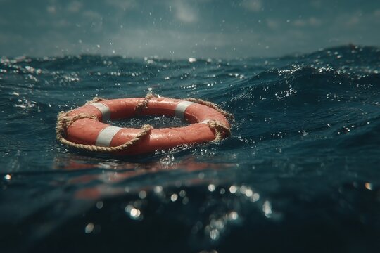 Rescue Floatation Device in Troubled Waters Ocean Setting Photography Dramatic Environment Aerial View Survival Concept