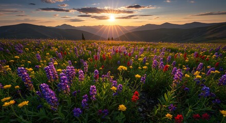 Obraz premium Vibrant Wildflower Field at Sunset with Mountainous Horizon under a Colorful Sky