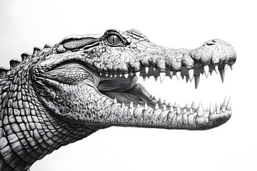 Obraz premium Pencil drawing of an angry, fierce and vicious crocodile, showing its fangs from a side view, white background