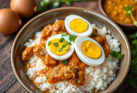 Tender meat curry over fluffy rice, topped with halved boiled eggs and fresh herbs,   basil,   chilies