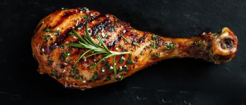Roasted chicken drumstick garnished with herbs.