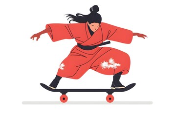 Fototapeta premium Samurai dressed in red, wearing black shoes, is on a skateboard, flat illustration, white background