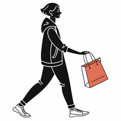 minimalist vector icon of a person walking with a shopping bag, black silhouette, white background, modern design 