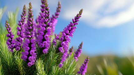 Obraz premium Vibrant Purple Flowers Under a Sunny Blue Sky