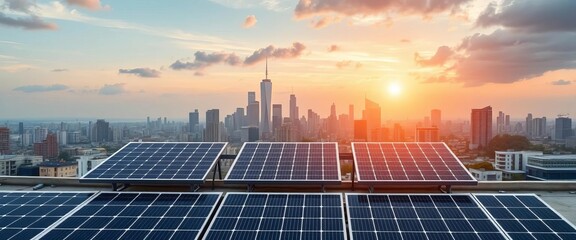 Three solar panels on rooftop, city skyline backdrop, city, skyline