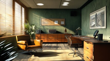 Sunlit Mid-Century Modern Office Interior Design
