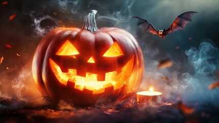 Fototapeta premium Glowing jack-o'-lantern in a spooky, autumnal scene.